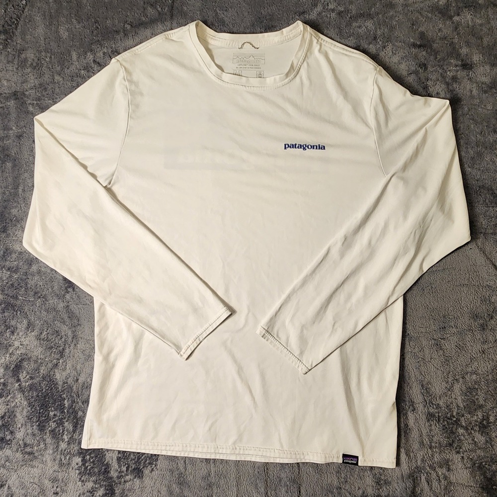 Patagonia Mens Shirt M Capilene Cool Daily Long Sleeve White Boardshort Logo